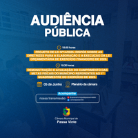 A Câmara Municipal de Passa Vinte convida a população para as Audiências Públicas que ocorrerão na Quinta-Feira dia 05 de Junho